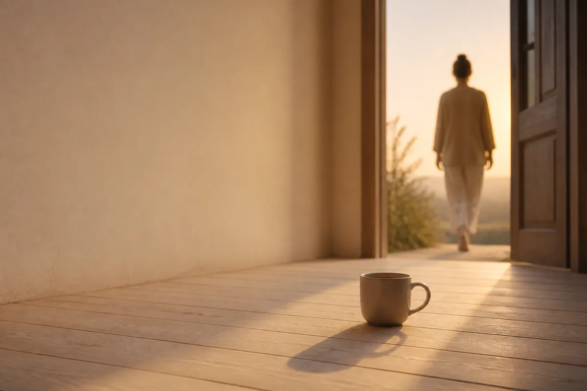 Someone stepping outside at sunrise, phone showing a morning-light nudge.