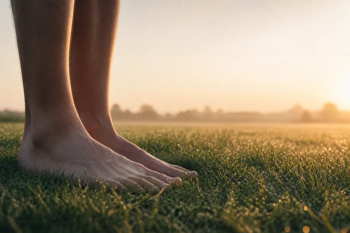 Bare feet on dewy grass, calm and plain.